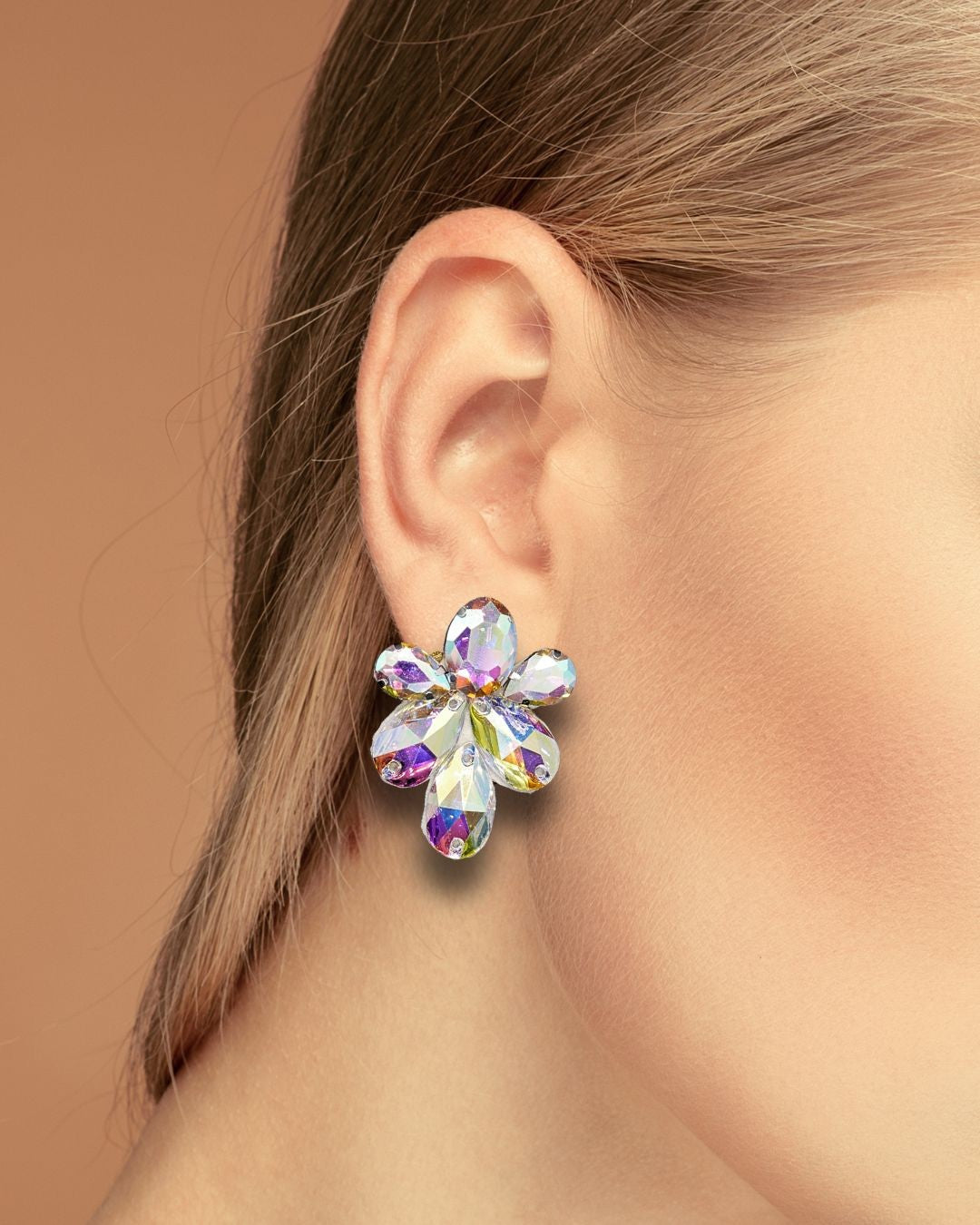 Orecchini a Bottone Fiore Brillante | Strass Aurora Boreale